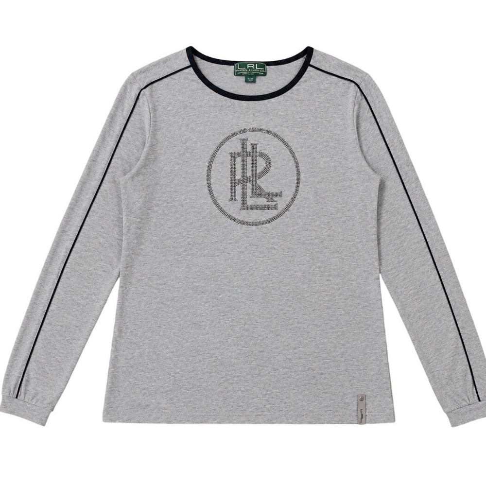 Lauren Ralph Lauren Womens Gray Rhinestone Monogram Long Sleeve Top Size XL